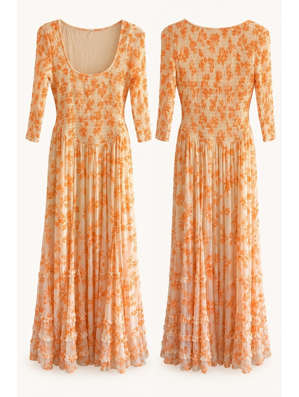 Free People Floral Smocked Maxi Dress Small Cream Orange Boho - Picture 2 of 12